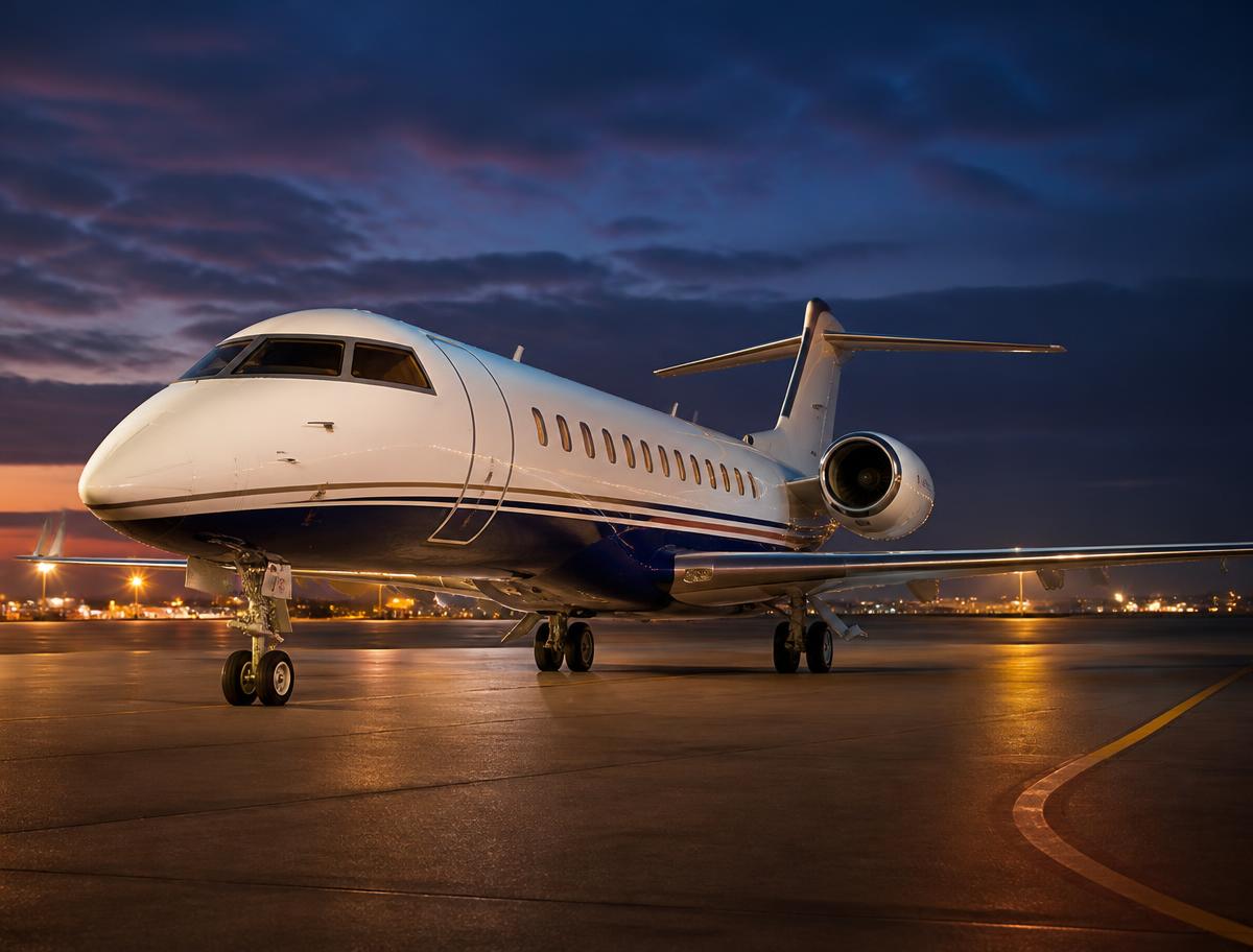 Bombardier Global 6000 on the ramp at dusk